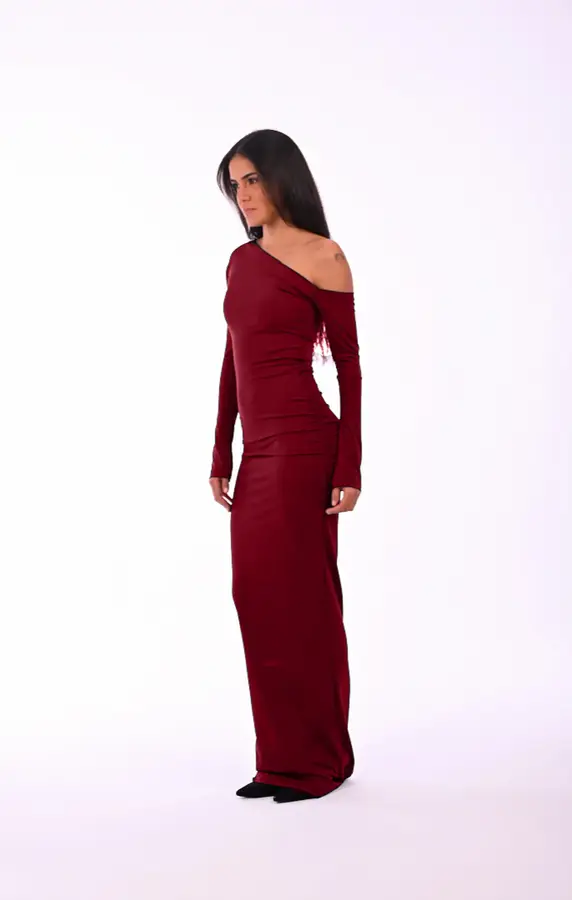 SMOOTH RUCHED V-WAIST MAXI DRESS - Burgandy